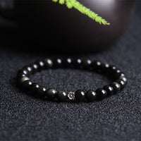 KarmaRipple's Black Obsidian Bead 925 Sterling Silver Flower Design Purification Bracelet