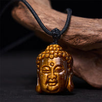 KarmaRipple's Tiger Eye String Buddha Head Courage Pendant Necklace