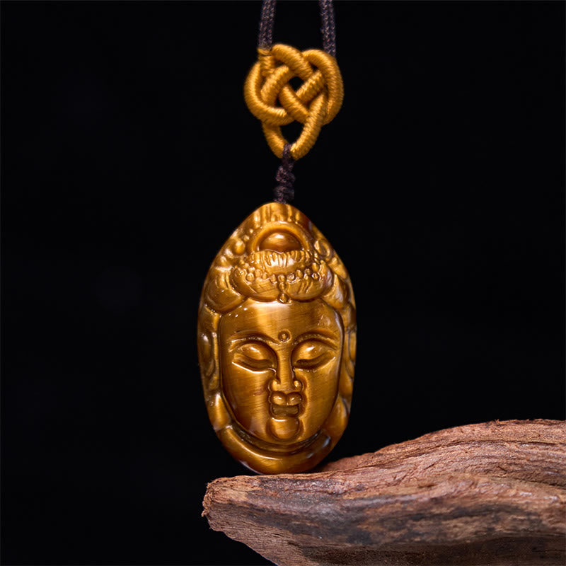 KarmaRipple's Tiger Eye Kwan Yin Avalokitesvara Head String Strength Pendant Necklace p1