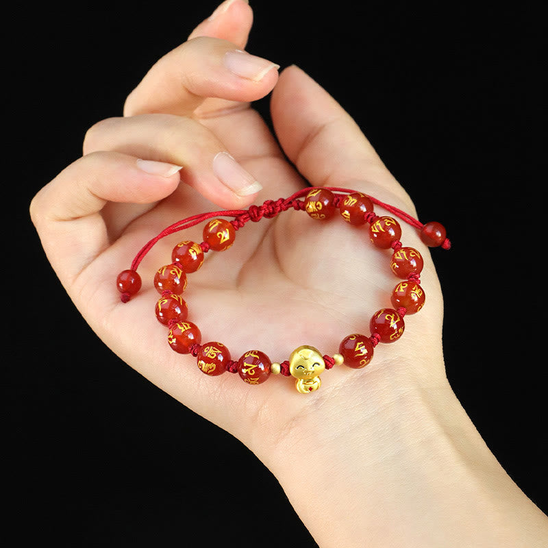 KarmaRipple's Red Agate Black Onyx Bead Bronze Year Of The Snake Fu Character Om Mani Padme Hum Happiness Bracelet p14