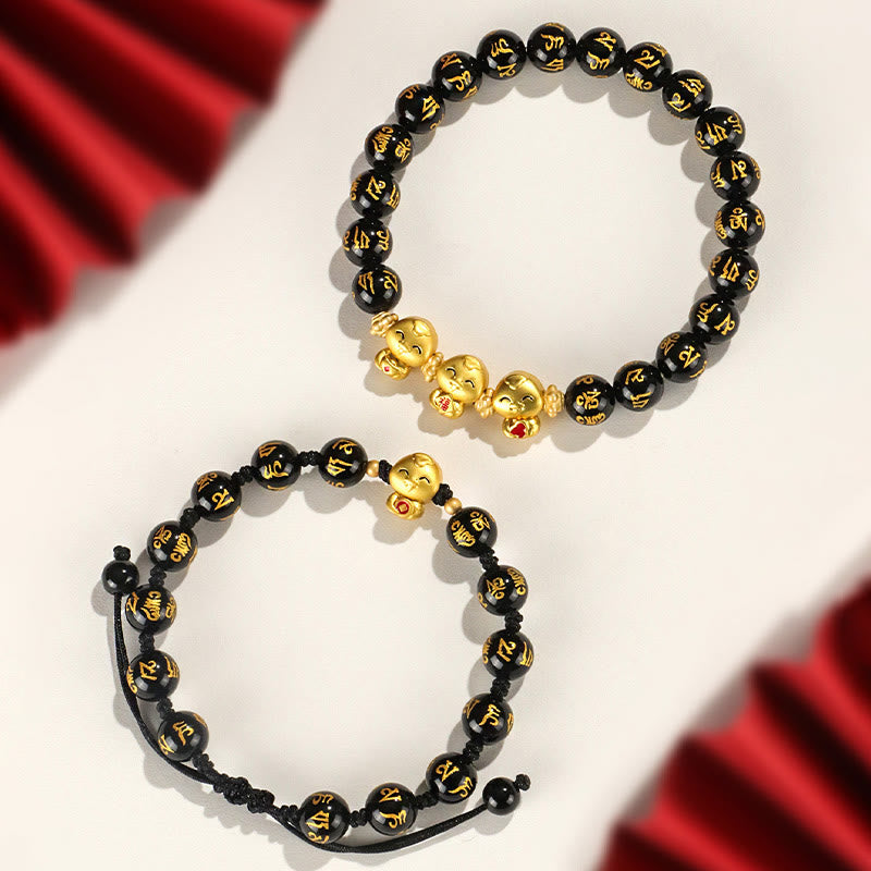 KarmaRipple's Red Agate Black Onyx Bead Bronze Year Of The Snake Fu Character Om Mani Padme Hum Happiness Bracelet p6
