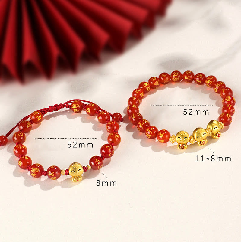 KarmaRipple's Red Agate Black Onyx Bead Bronze Year Of The Snake Fu Character Om Mani Padme Hum Happiness Bracelet p17