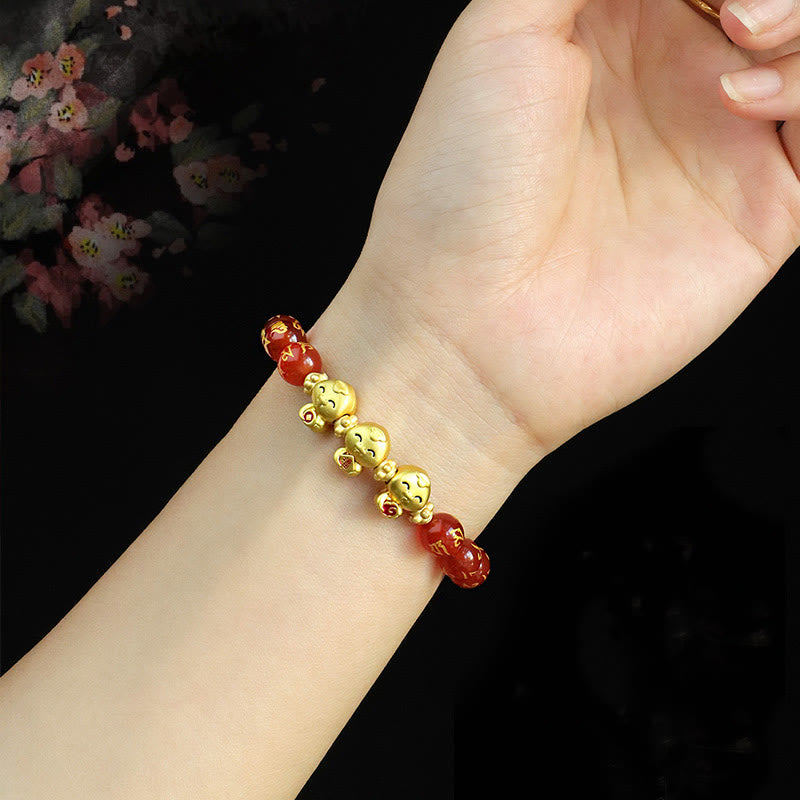 KarmaRipple's Red Agate Black Onyx Bead Bronze Year Of The Snake Fu Character Om Mani Padme Hum Happiness Bracelet p16