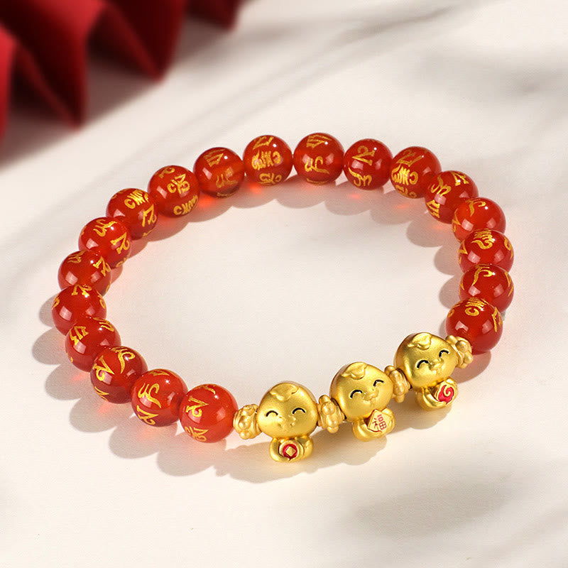 KarmaRipple's Red Agate Black Onyx Bead Bronze Year Of The Snake Fu Character Om Mani Padme Hum Happiness Bracelet p22
