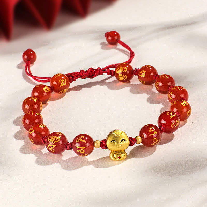 KarmaRipple's Red Agate Black Onyx Bead Bronze Year Of The Snake Fu Character Om Mani Padme Hum Happiness Bracelet p2