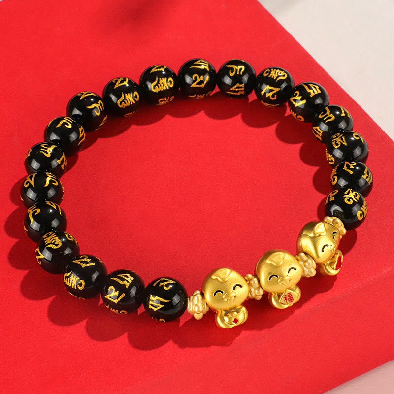 KarmaRipple's Red Agate Black Onyx Bead Bronze Year Of The Snake Fu Character Om Mani Padme Hum Happiness Bracelet p18