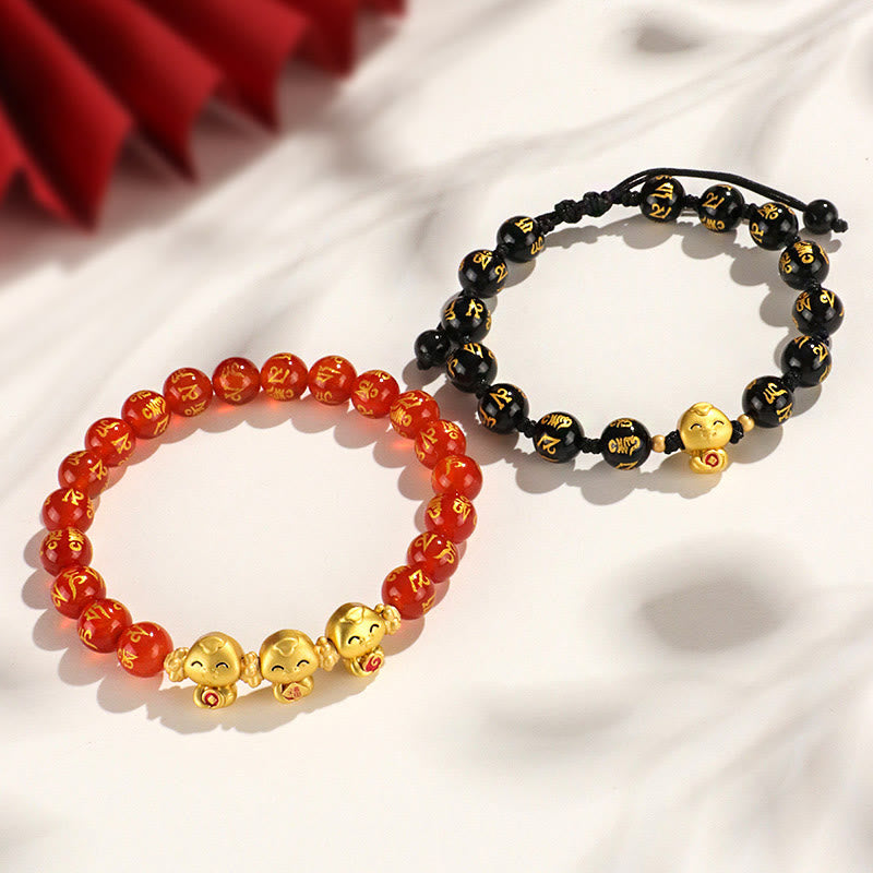 KarmaRipple's Red Agate Black Onyx Bead Bronze Year Of The Snake Fu Character Om Mani Padme Hum Happiness Bracelet p5