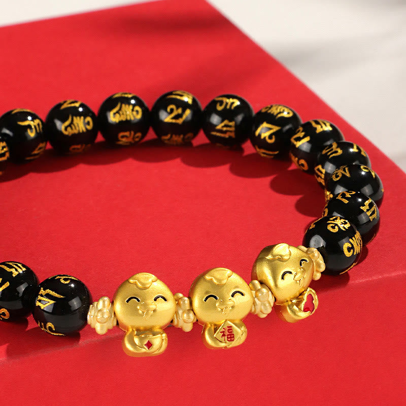 KarmaRipple's Red Agate Black Onyx Bead Bronze Year Of The Snake Fu Character Om Mani Padme Hum Happiness Bracelet p19