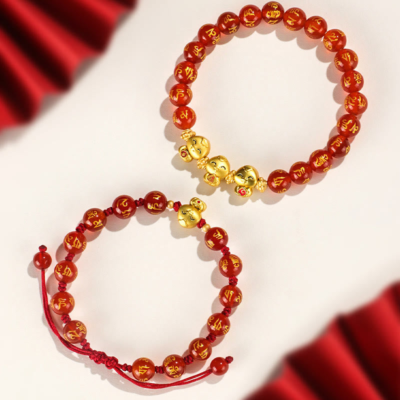 KarmaRipple's Red Agate Black Onyx Bead Bronze Year Of The Snake Fu Character Om Mani Padme Hum Happiness Bracelet p7