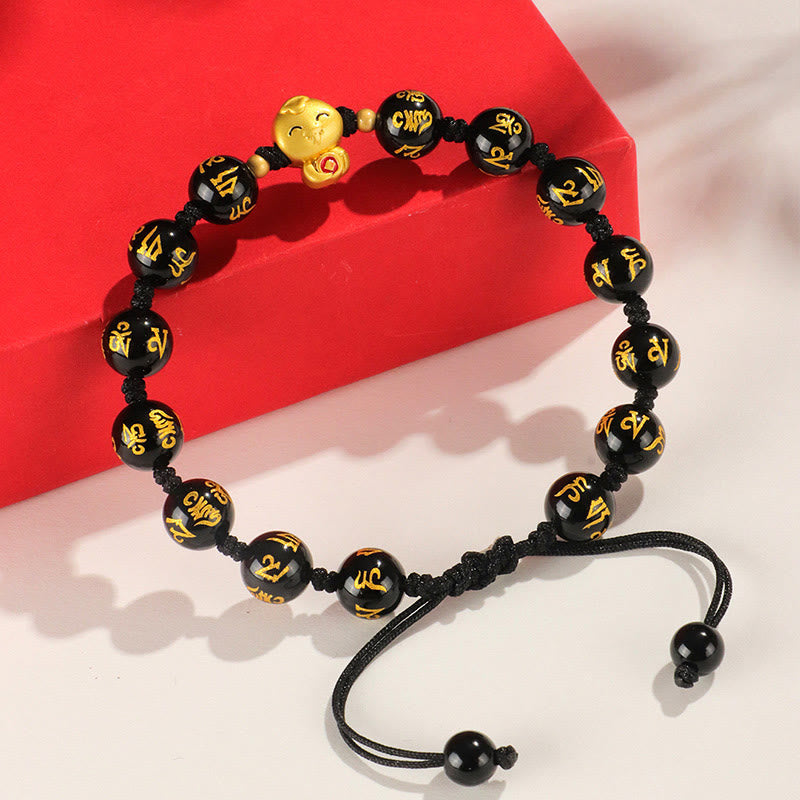 KarmaRipple's Red Agate Black Onyx Bead Bronze Year Of The Snake Fu Character Om Mani Padme Hum Happiness Bracelet p8