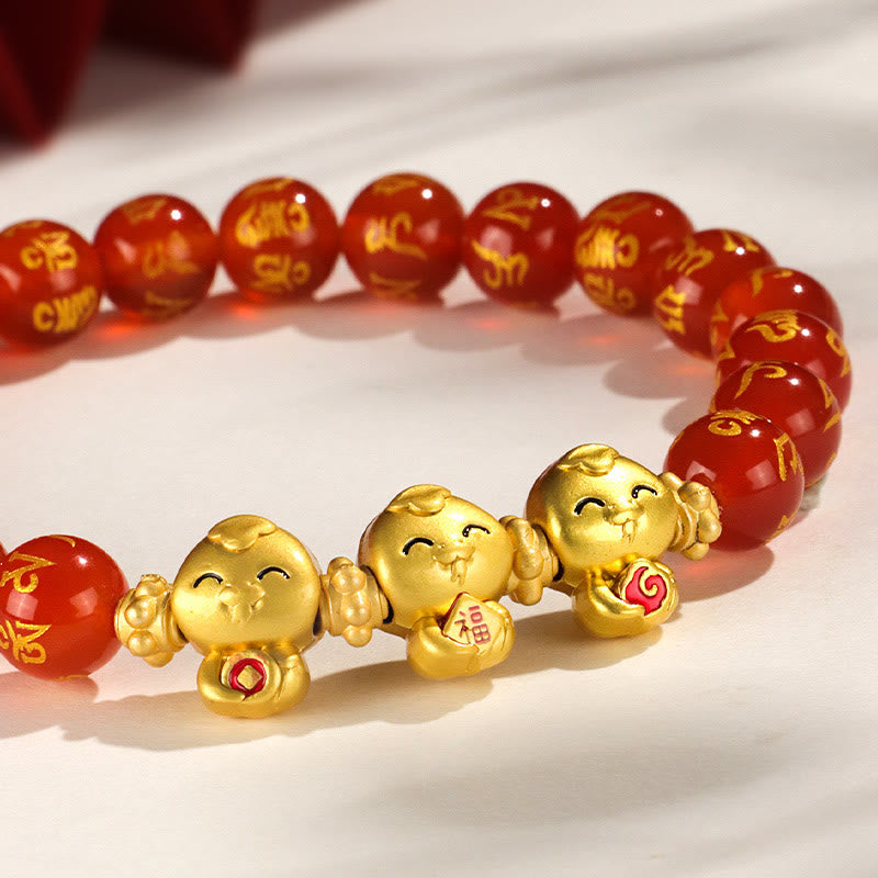 KarmaRipple's Red Agate Black Onyx Bead Bronze Year Of The Snake Fu Character Om Mani Padme Hum Happiness Bracelet p15