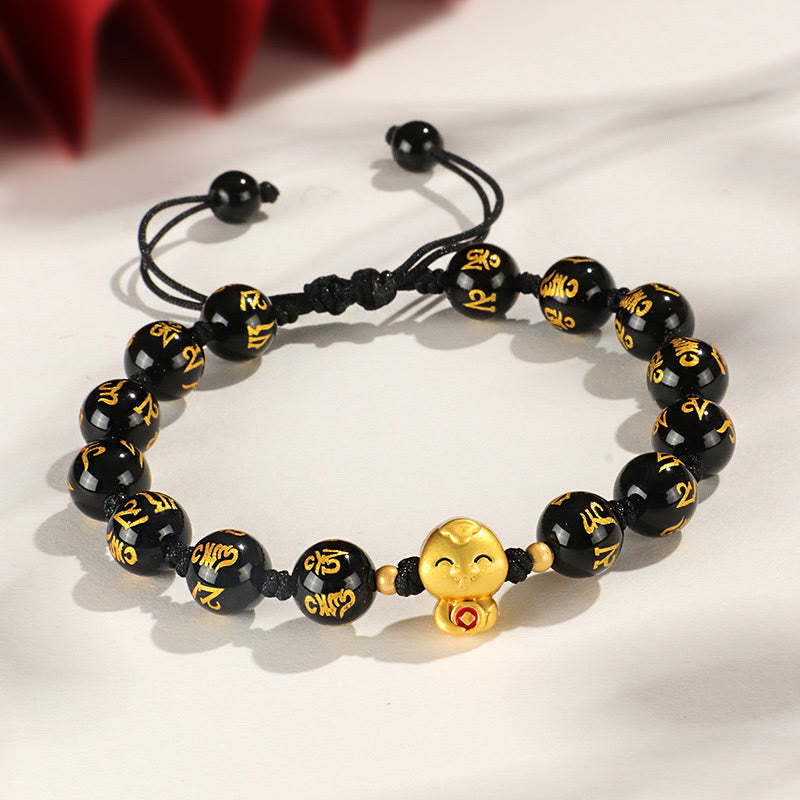 KarmaRipple's Red Agate Black Onyx Bead Bronze Year Of The Snake Fu Character Om Mani Padme Hum Happiness Bracelet p20