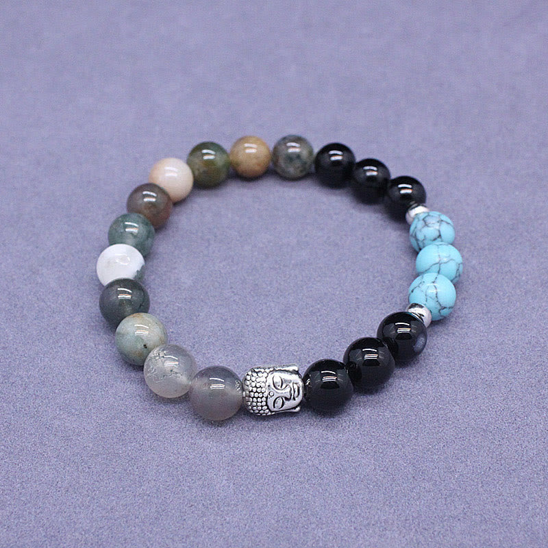 KarmaRipple's Authentic Black Onyx Ivory Stone Green Aventurine Tiger Eye Agate Mixed Color Buddha Head Protection Bracelet p26