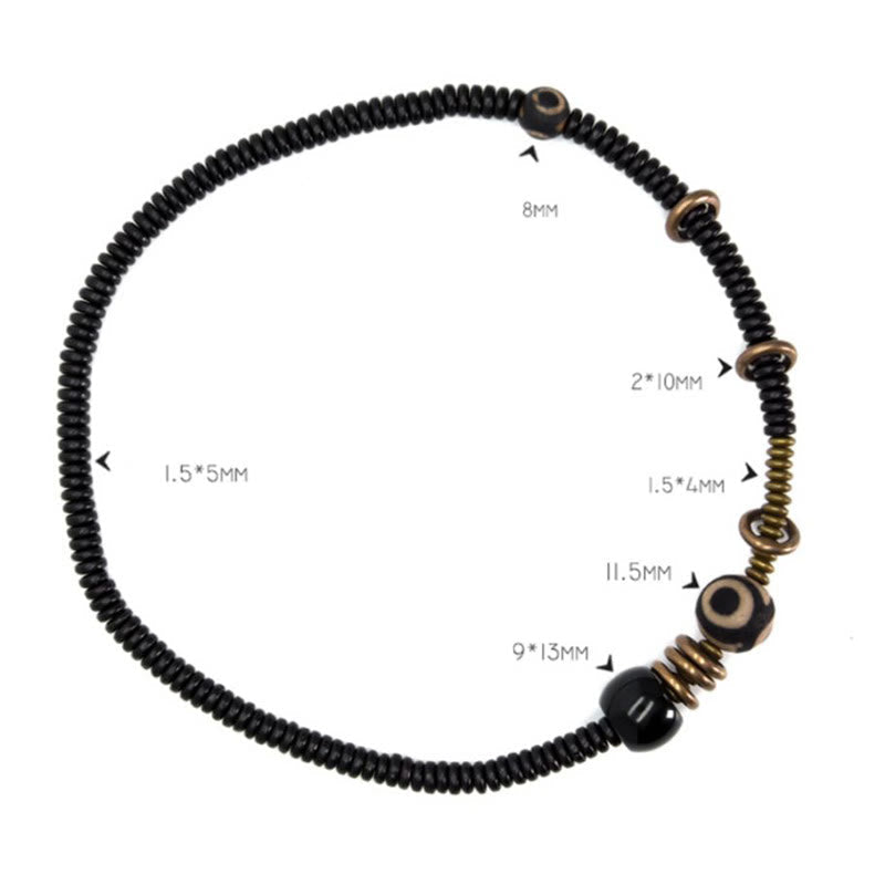 KarmaRipple's Ebony Wood Green Sandalwood Bronze Brass Dzi Bead Black Onyx Calm Double Wrap Bracelet p21