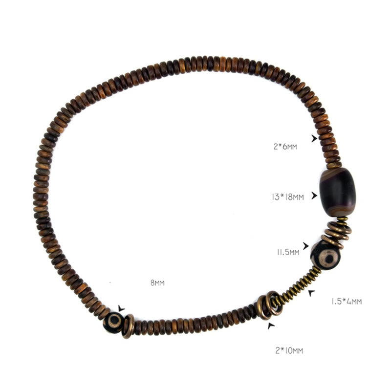 KarmaRipple's Ebony Wood Green Sandalwood Bronze Brass Dzi Bead Black Onyx Calm Double Wrap Bracelet p28