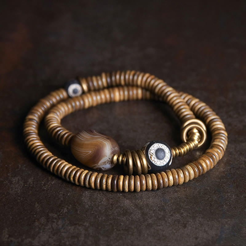 KarmaRipple's Ebony Wood Green Sandalwood Bronze Brass Dzi Bead Black Onyx Calm Double Wrap Bracelet p2