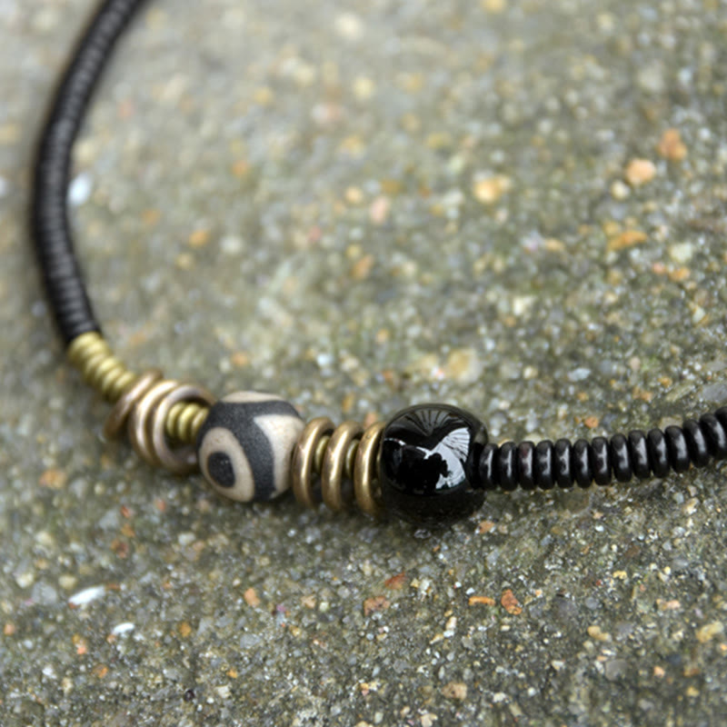 KarmaRipple's Ebony Wood Green Sandalwood Bronze Brass Dzi Bead Black Onyx Calm Double Wrap Bracelet p19