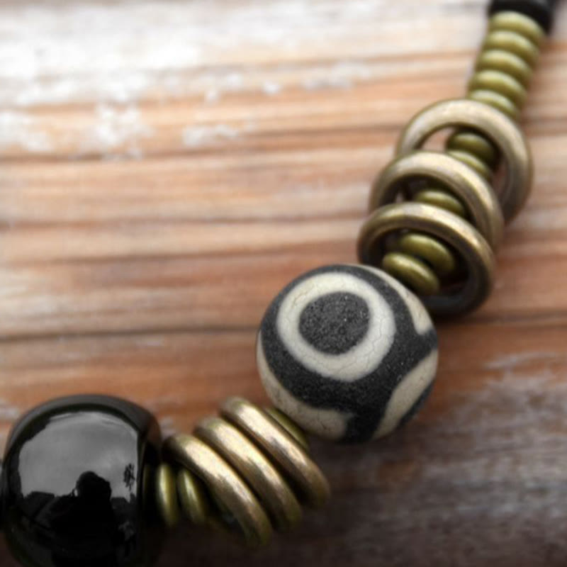 KarmaRipple's Ebony Wood Green Sandalwood Bronze Brass Dzi Bead Black Onyx Calm Double Wrap Bracelet p4
