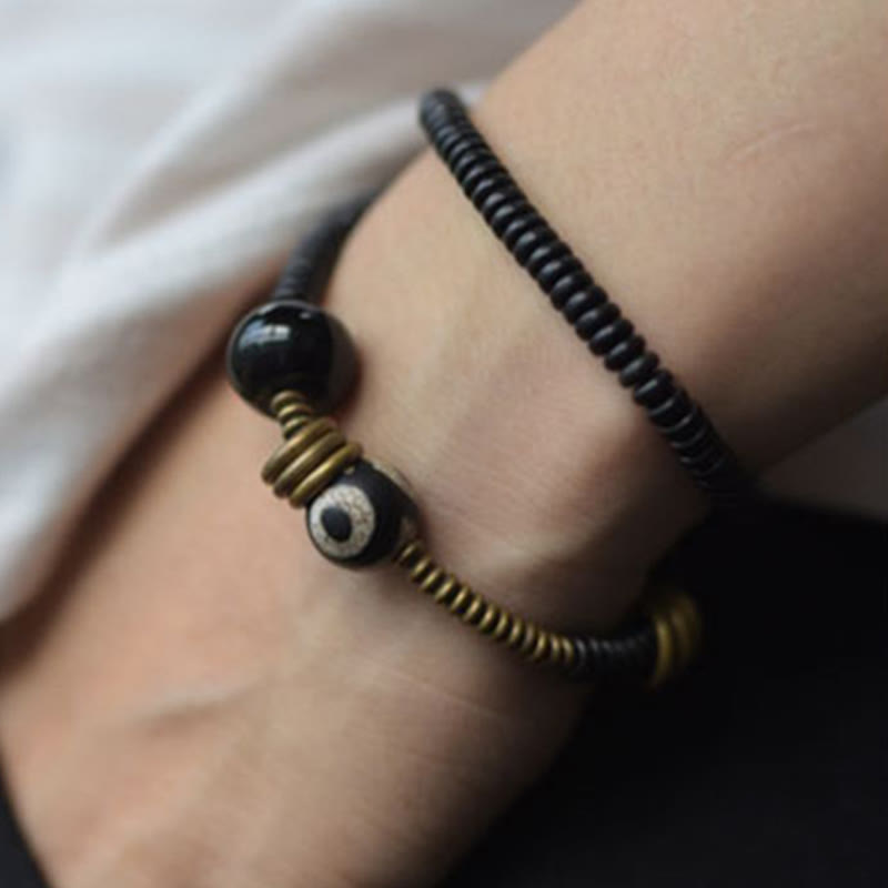 KarmaRipple's Ebony Wood Green Sandalwood Bronze Brass Dzi Bead Black Onyx Calm Double Wrap Bracelet p25