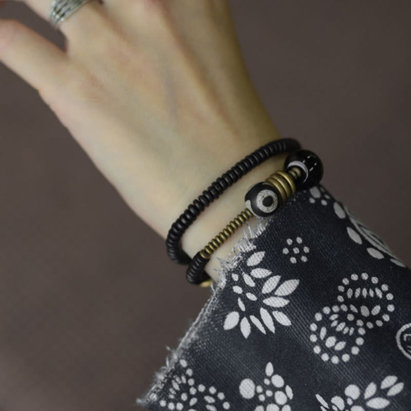 KarmaRipple's Ebony Wood Green Sandalwood Bronze Brass Dzi Bead Black Onyx Calm Double Wrap Bracelet p15