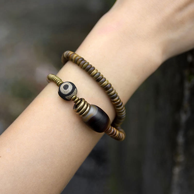 KarmaRipple's Ebony Wood Green Sandalwood Bronze Brass Dzi Bead Black Onyx Calm Double Wrap Bracelet p26