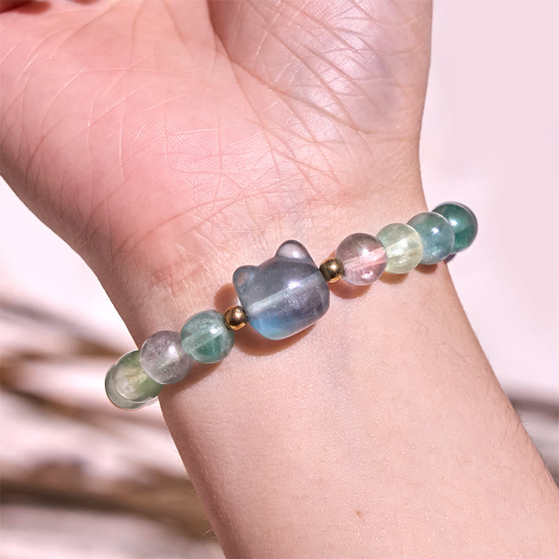 KarmaRipple's Amethyst Green Aventurine Rose Quartz Fluorite Cat Head Balance Fortune Bracelet p17