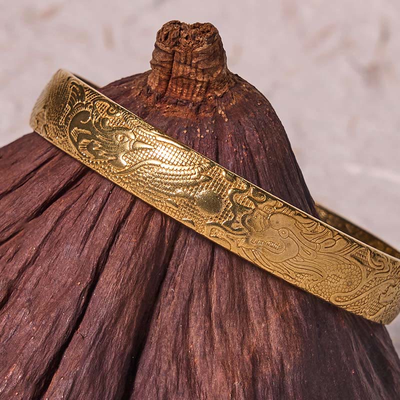 KarmaRipple's Dragon And Phoenix Playing With A Pearl Carved Bronze Brass Fortune Protection Bracelet Bangle p11