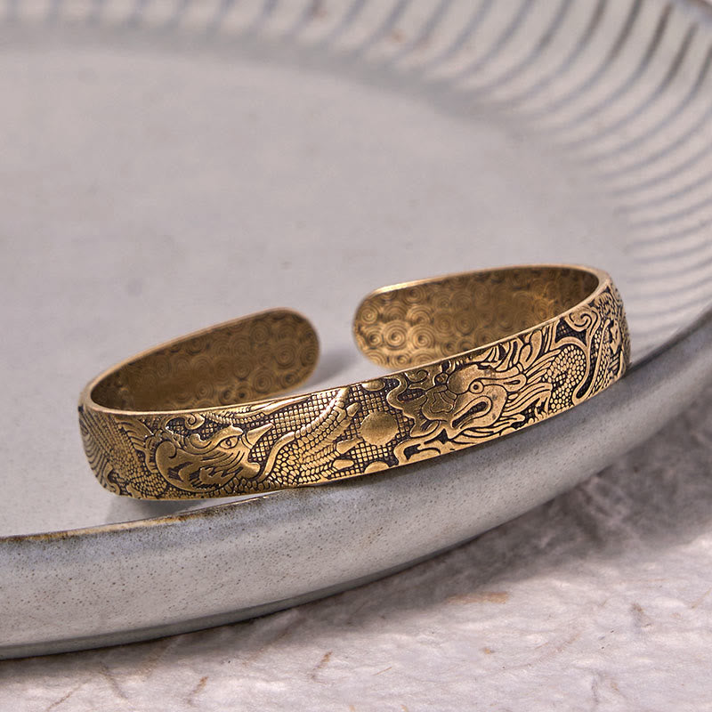 KarmaRipple's Dragon And Phoenix Playing With A Pearl Carved Bronze Brass Fortune Protection Bracelet Bangle p4