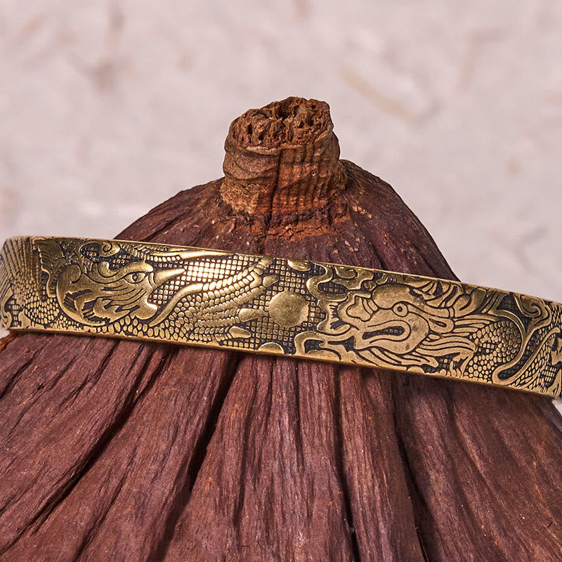 KarmaRipple's Dragon And Phoenix Playing With A Pearl Carved Bronze Brass Fortune Protection Bracelet Bangle p5