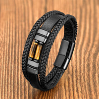 KarmaRipple's Tiger Eye Lazurite Hematite Picture Jasper Black Onyx Strength Multi-layer Leather Bracelet