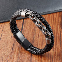KarmaRipple's Chain Design Titanium Steel Balance Leather Woven Buckle Bracelet