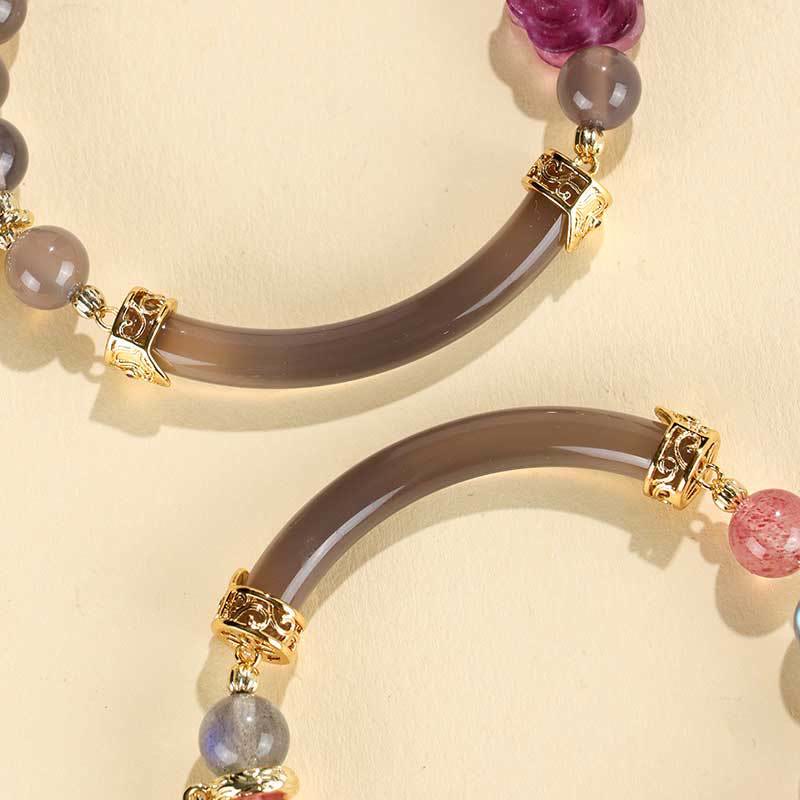 KarmaRipple's Strawberry Quartz Labradorite Fluorite Pearl Cuff Half Bracelet Bangle p12