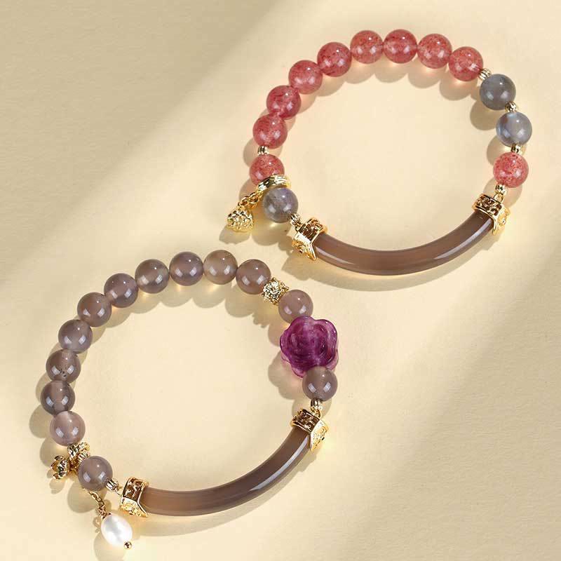KarmaRipple's Strawberry Quartz Labradorite Fluorite Pearl Cuff Half Bracelet Bangle p13