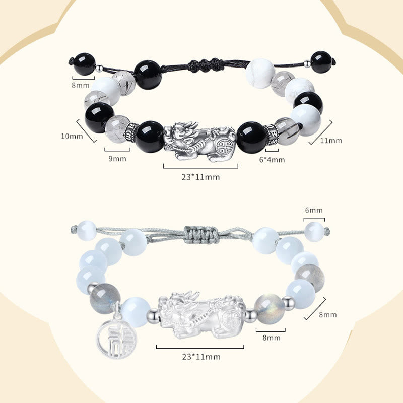 KarmaRipple's Pi Xiu Six True Words 999 Sterling Silver Black Obsidian Ivory Turquoise Chrysoberyl Fortune Bracelet p3