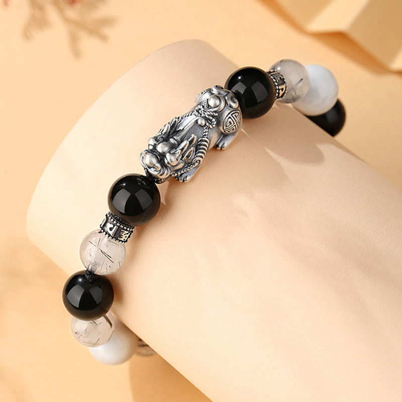 KarmaRipple's Pi Xiu Six True Words 999 Sterling Silver Black Obsidian Ivory Turquoise Chrysoberyl Fortune Bracelet p6