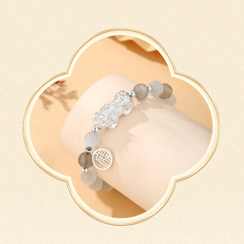 KarmaRipple's Pi Xiu Six True Words 999 Sterling Silver Black Obsidian Ivory Turquoise Chrysoberyl Fortune Bracelet p16