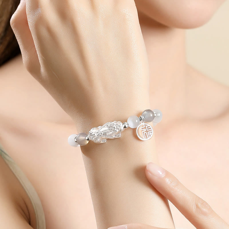 KarmaRipple's Pi Xiu Six True Words 999 Sterling Silver Black Obsidian Ivory Turquoise Chrysoberyl Fortune Bracelet p17