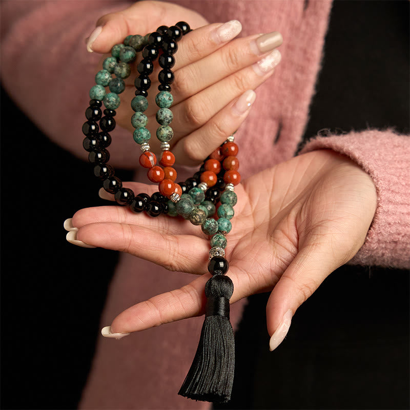 KarmaRipple's 108 Mala Authentic Black Onyx Red Jasper Turquoise Beadwork Buddha Head Tassel Protection Bracelet p3