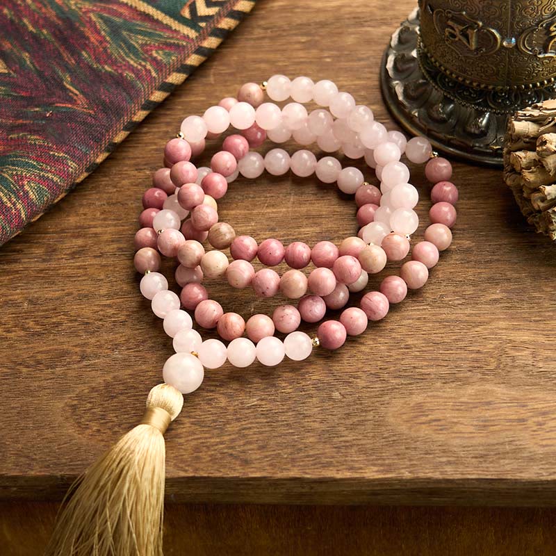KarmaRipple's 108 Mala Beadwork Rhodonite Rose Quartz Tassel Balancing Bracelet p6