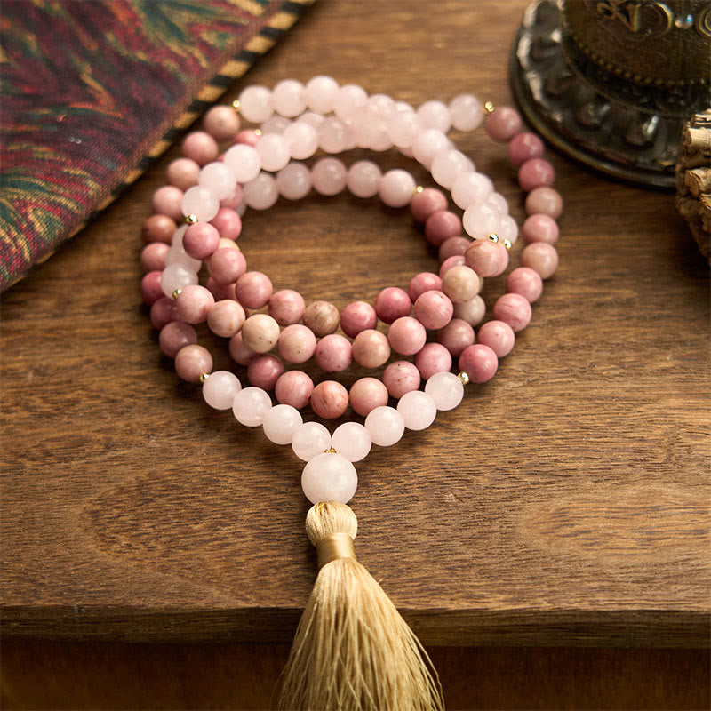 KarmaRipple's 108 Mala Beadwork Rhodonite Rose Quartz Tassel Balancing Bracelet p1