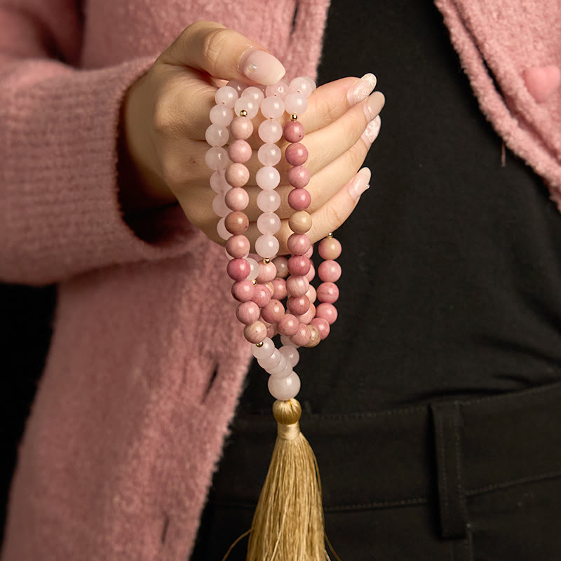 KarmaRipple's 108 Mala Beadwork Rhodonite Rose Quartz Tassel Balancing Bracelet p3