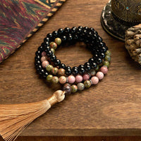 KarmaRipple's 108 Mala Beadwork Black Jasper Rhodonite Khaki Tassel Balancing Bracelet