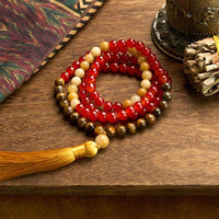 KarmaRipple's 108 Mala Beadwork Red Agate Tiger Eye Yellow Tassel Calm Bracelet