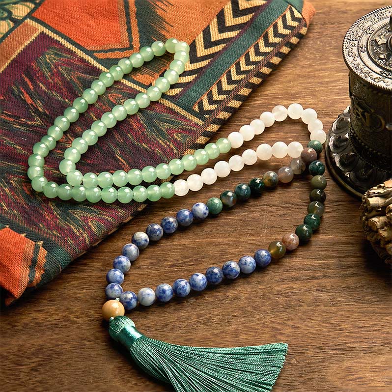 KarmaRipple's 108 Mala Beadwork Authentic Green Aventurine Blue Spot Jasper Indian Agate Green Tassel Fortune Bracelet p2