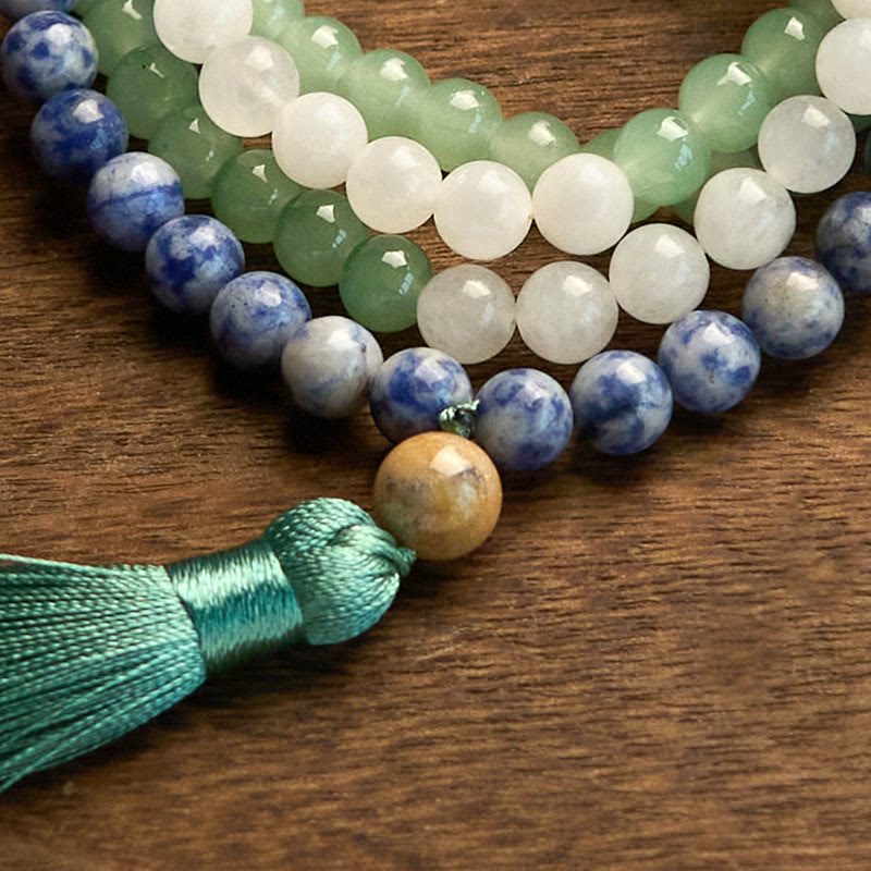 KarmaRipple's 108 Mala Beadwork Authentic Green Aventurine Blue Spot Jasper Indian Agate Green Tassel Fortune Bracelet p9