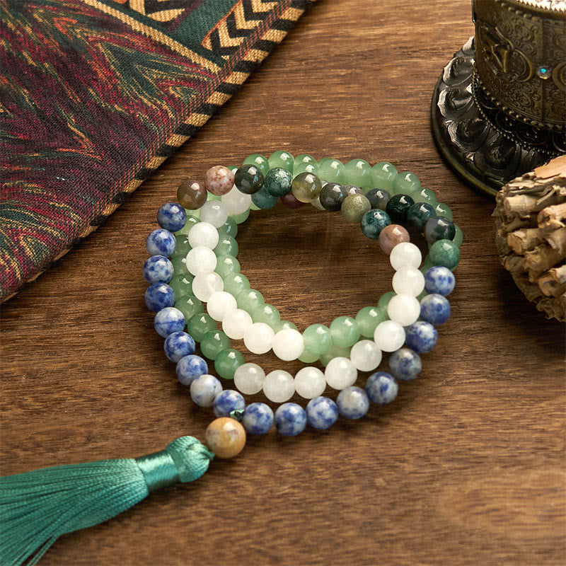 KarmaRipple's 108 Mala Beadwork Authentic Green Aventurine Blue Spot Jasper Indian Agate Green Tassel Fortune Bracelet p7