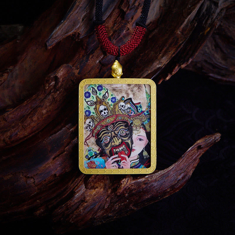 KarmaRipple's Tibetan Zakiram Nine Tailed Fox Yellow God of Wealth Painted Thangka Hope Pendant Necklace p2