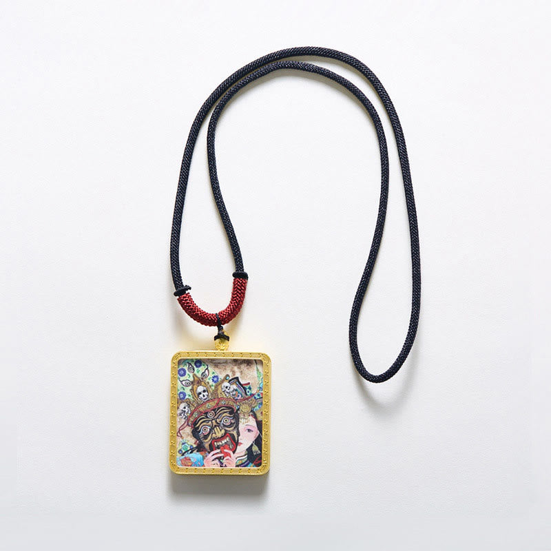 KarmaRipple's Tibetan Zakiram Nine Tailed Fox Yellow God of Wealth Painted Thangka Hope Pendant Necklace p17