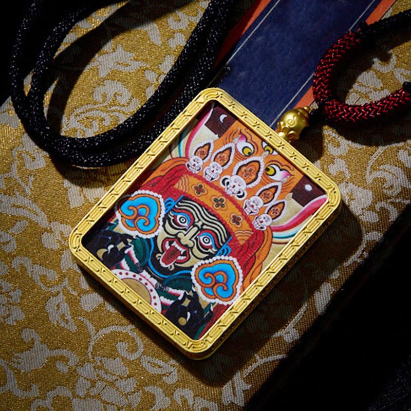 KarmaRipple's Tibetan Zakiram Nine Tailed Fox Yellow God of Wealth Painted Thangka Hope Pendant Necklace p19