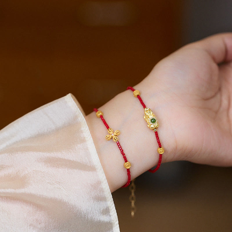 KarmaRipple's 24k Gold Plated 925 Sterling Silver Liuli Glass Bead PiXiu Four Leaf Clover Joy And Happiness Wealth Bracelet p1